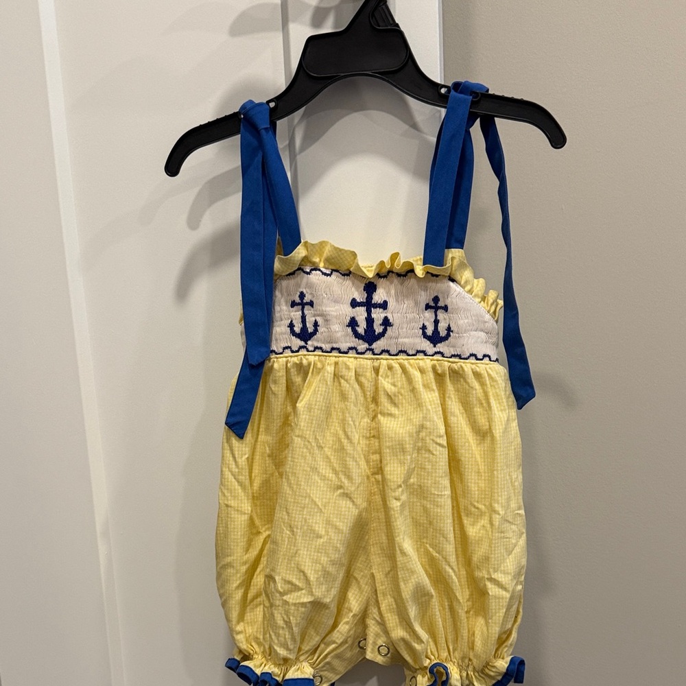Vintage  Yellow Nautical Smocked Romper with Blue Ties